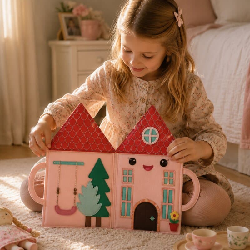 Little girl playing with a handmade fabric dollhouse