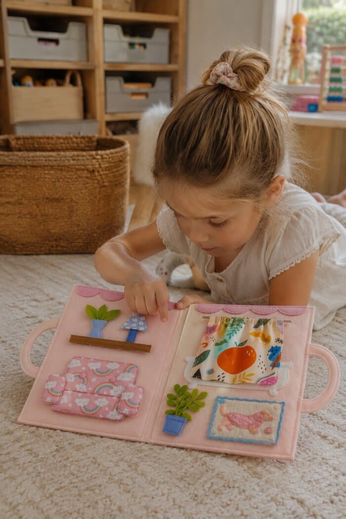 Little girl playing with the finished Cozy Doll House
